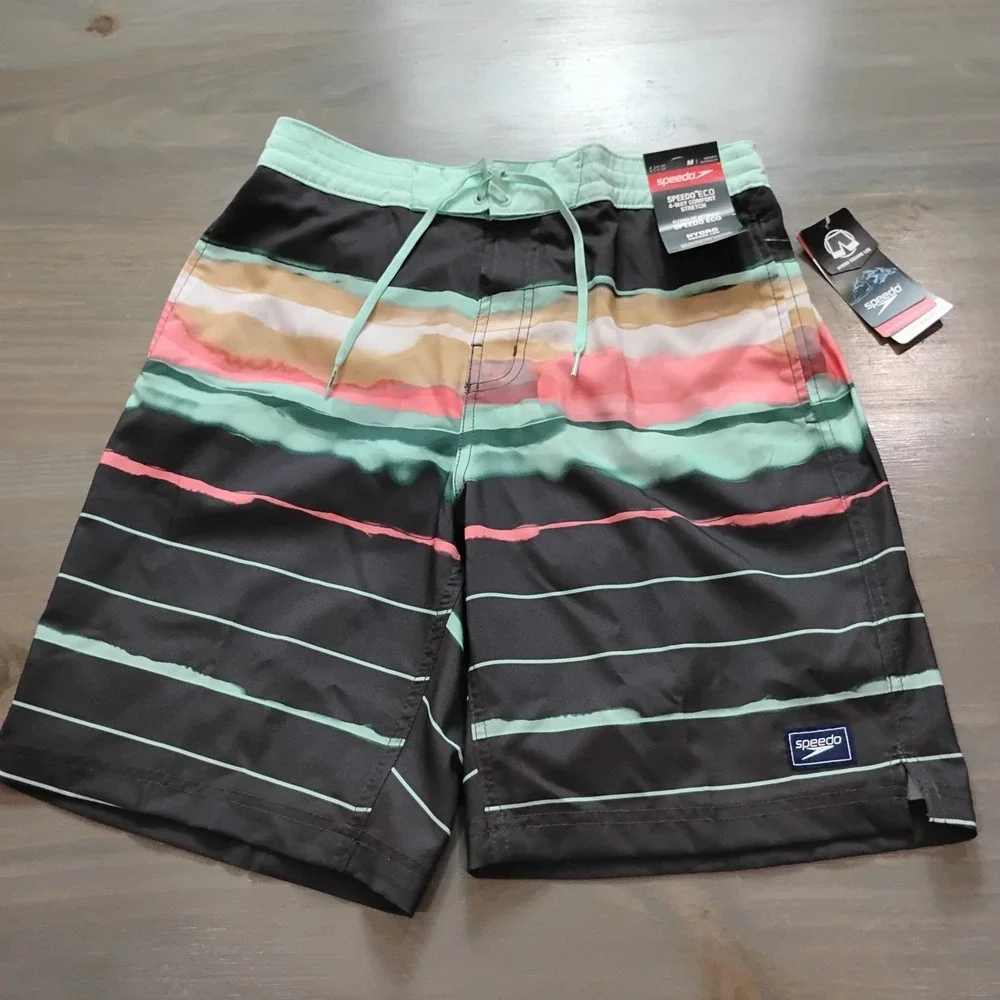 NWT SPEEDO Bondi Edge Board Shorts Men's M Black Multi Stripe Fully Lined Swim